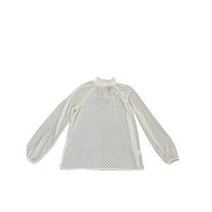 Sheer White Polka Dot Long Sleeve Blouse With Smocked Neckline M